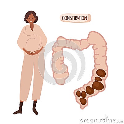 Constipation during pregnancy. Pregnant woman holding her belly. Human large intestine with fecal matter. African Vector Illustration