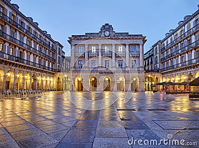 The Constitution square at nightfall. San Sebastian, Basque Country, Guipuzcoa. Spain Editorial Stock Photo