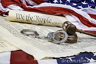 Constitution, Gavel and handcuffs Stock Photo