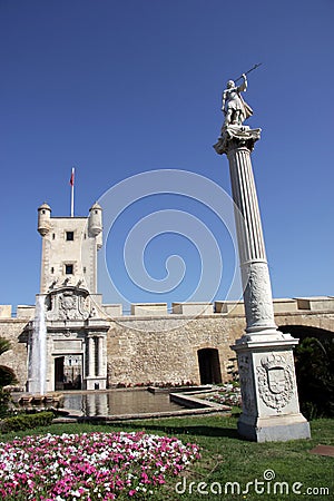 The Constitution Square is one of the main squares of Cadiz. On this square are the famous Earthen Gate and Earth Tower. Stock Photo