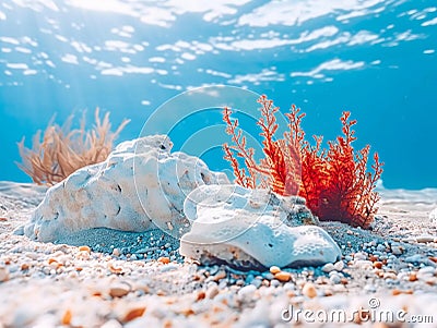Constructed coral reef growing from potion-infused sands, marine innovation Cartoon Illustration