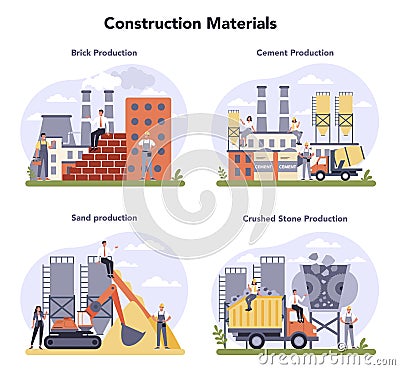 Constructin material production industry set. Bricks, cement, sand Vector Illustration