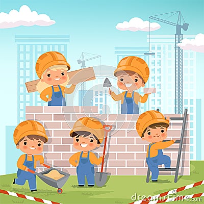 Construction background. Little kids making some work at construction build house vector cartoon background Vector Illustration