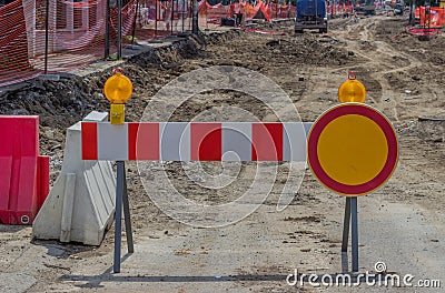 Construction barrier sign with yellow warning light 2 Stock Photo