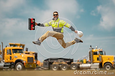 Construction builder excited jump in building uniform on buildings construction background. Builder at the construction Stock Photo