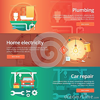 Construction and building banners set. Flat illustrations on the theme of home plumbing, electricity, car repair service station. Vector Illustration