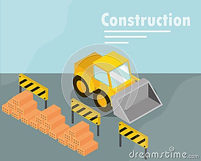 Construction bulldozer barriers and bricks isometric Vector Illustration