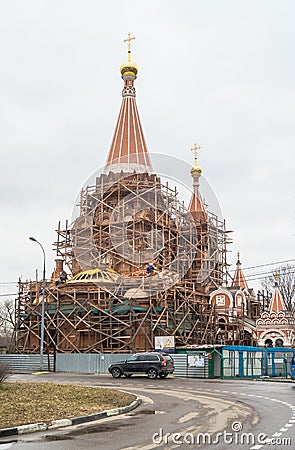 Construction of the Church of All Saints at Filevskaya floodplain. Moscow. Editorial Stock Photo