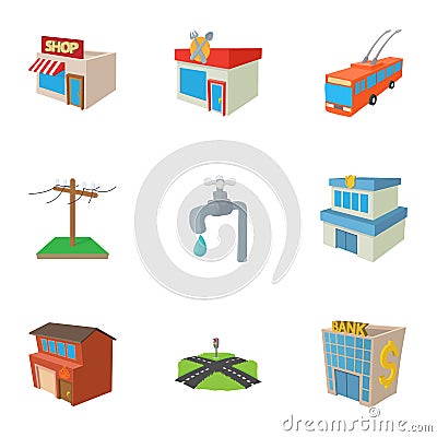 Construction of city icons set, cartoon style Vector Illustration