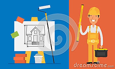 Construction Concept Builder Holds Level and Tools Vector Illustration