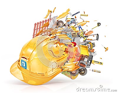 . Building materials fly out from the broken helmet isolation on a white. 3d illustration Cartoon Illustration