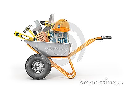 Construction concept. Construction tools in the wheelbarrow Cartoon Illustration