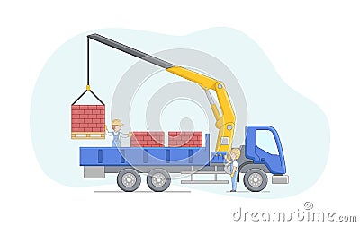 Construction Concept. Crane Driver And Worker Work Together. Manipulator Crane Unloads Bricks on Pallets. Machinery Vector Illustration