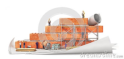 Construction concept. Part of brick wall in construction process Cartoon Illustration