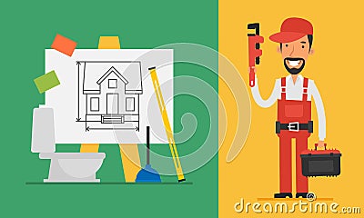 Construction Concept Plumber Holding Pipe Wrench and Tools Vector Illustration