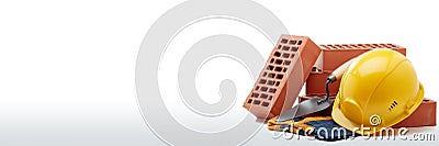 Stack of bricks with masonry trowel, construction hard hat and gloves on white background. Construction concept Stock Photo