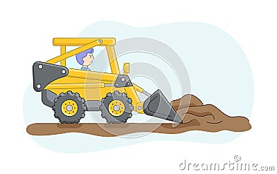 Construction Concept. Construction Truck With Driver. Bulldozer Rakes Sand Or Ground. Construction Machinery Operator Vector Illustration