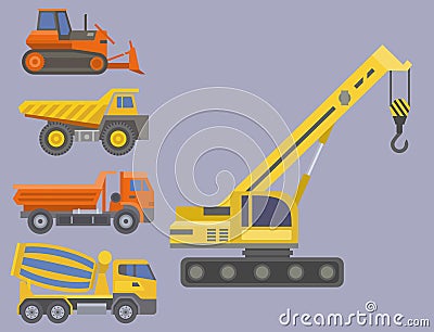 Construction delivery truck vector transportation vehicle construct and road trucking machine equipment large platform Vector Illustration