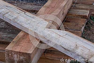 Construction details, wooden supporting girder frame house A-frame type Stock Photo