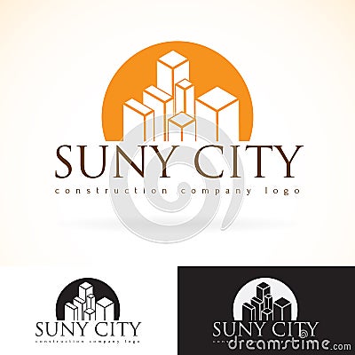 Construction development building company, vector logo design mock up template set. abstract concept skyscraper icon, sun Vector Illustration