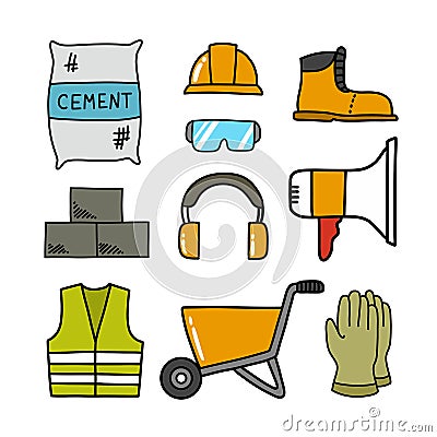 Construction doodle icons set, vector color illustration Cartoon Illustration