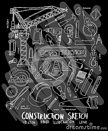 Construction doodle illustration wallpaper background line sketch style set on chalkboard eps10 Cartoon Illustration