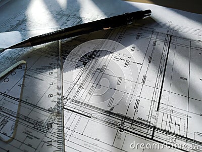 Construction drawing Architecture Detail White paper with dimensions and lines with sun rays, pancil and rules Stock Photo