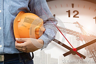 Construction Engineer Architect Project Management Builder Workers Work Against with Time Clock, Build Renovate Times Challenge Stock Photo