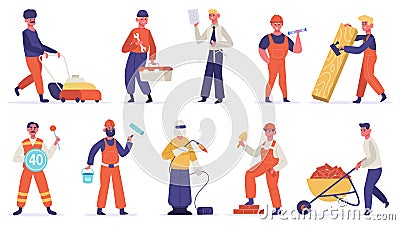 Construction engineer characters. Builders, construction worker people, technician workers in uniform. Labor group Vector Illustration