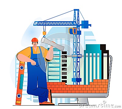 Construction engineer concept in modern flat design. Builder holds blueprint and tools. Bricklayer makes brickwork. Constructor Vector Illustration