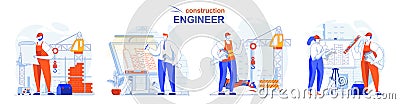 Construction engineer concept set. Architect with plan Vector Illustration