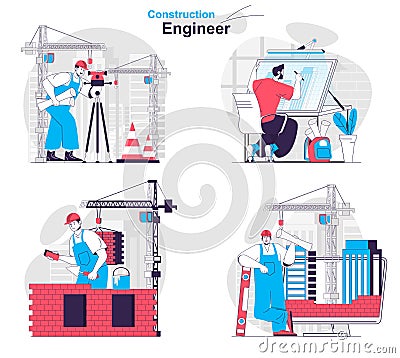 Construction engineer concept set. Surveyor, architect Vector Illustration