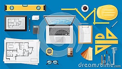 Construction engineer desk Vector Illustration