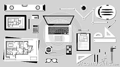 Construction engineer desk Vector Illustration