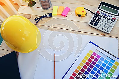 construction engineer office desk architect workplace. engineer drawing objects table with meter, blueprint, hard hat engineering Stock Photo