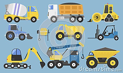 Construction equipment and machinery with trucks crane bulldozer flat yellow transport vector illustration Vector Illustration