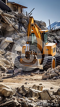 Construction equipment removes rubble after earthquake Stock Photo