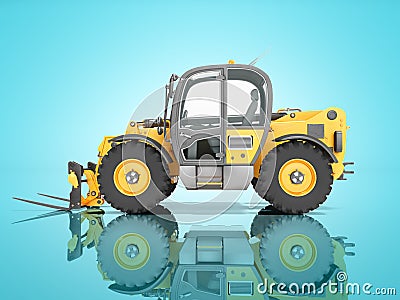 Construction equipment telescopic excavator yellow side view 3d render on blue background with shadow Stock Photo