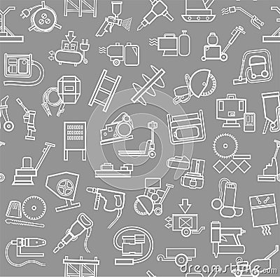 Construction equipment and tools, seamless background, grey, contour. Vector Illustration