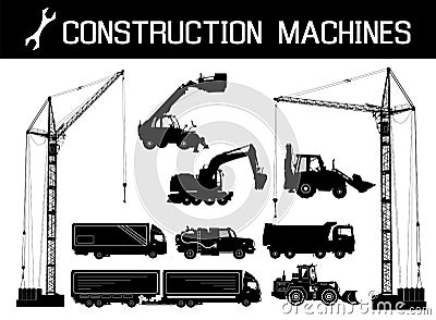 Construction equipment: trucks, excavators, bulldozer, elevator, cranes. Detailed silhouettes of construction machines isolated Vector Illustration