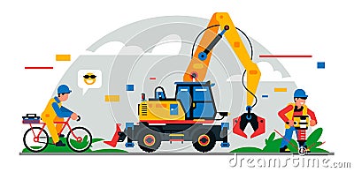 Construction equipment and workers at the site. Colorful background of geometric shapes and clouds. Builders Vector Illustration
