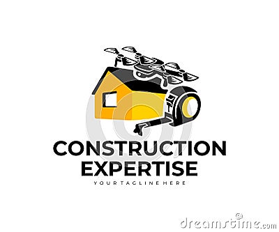 Construction expertise, home, tape measure, drone and quadcopter, logo design. Construction, house and building inspection, vector Vector Illustration