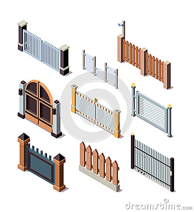 Construction fences. Garden door gate metals or wooden panels railing fences vector isometric Vector Illustration