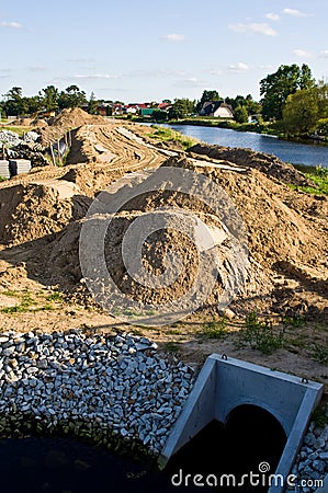 Construction of a floodbank or levee along a river Stock Photo