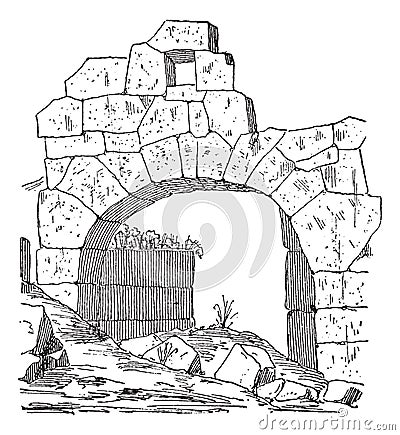 Construction of a fortification door made of stone, Masonry arch, vintage engraving Vector Illustration