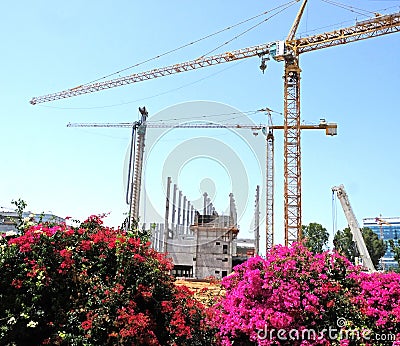 Construction of the frame of an industrial building in the technical area of the city of Holon in Israel Editorial Stock Photo