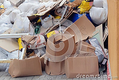 Construction garbage after building repair in bags. Bunch of trash for utilize. Removal of debris. Stock Photo