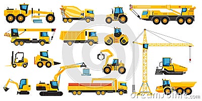 Construction heavy machinery, building equipment and vehicles. Forklift, excavator, crane, tractor, bulldozer, excavator Vector Illustration