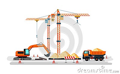 Construction heavy machines on building site Vector Illustration