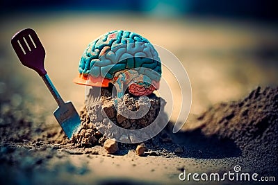 Construction helmet in the form of brain and a spade in the sand at the building site. Hard work of the brains, mental work. Stock Photo